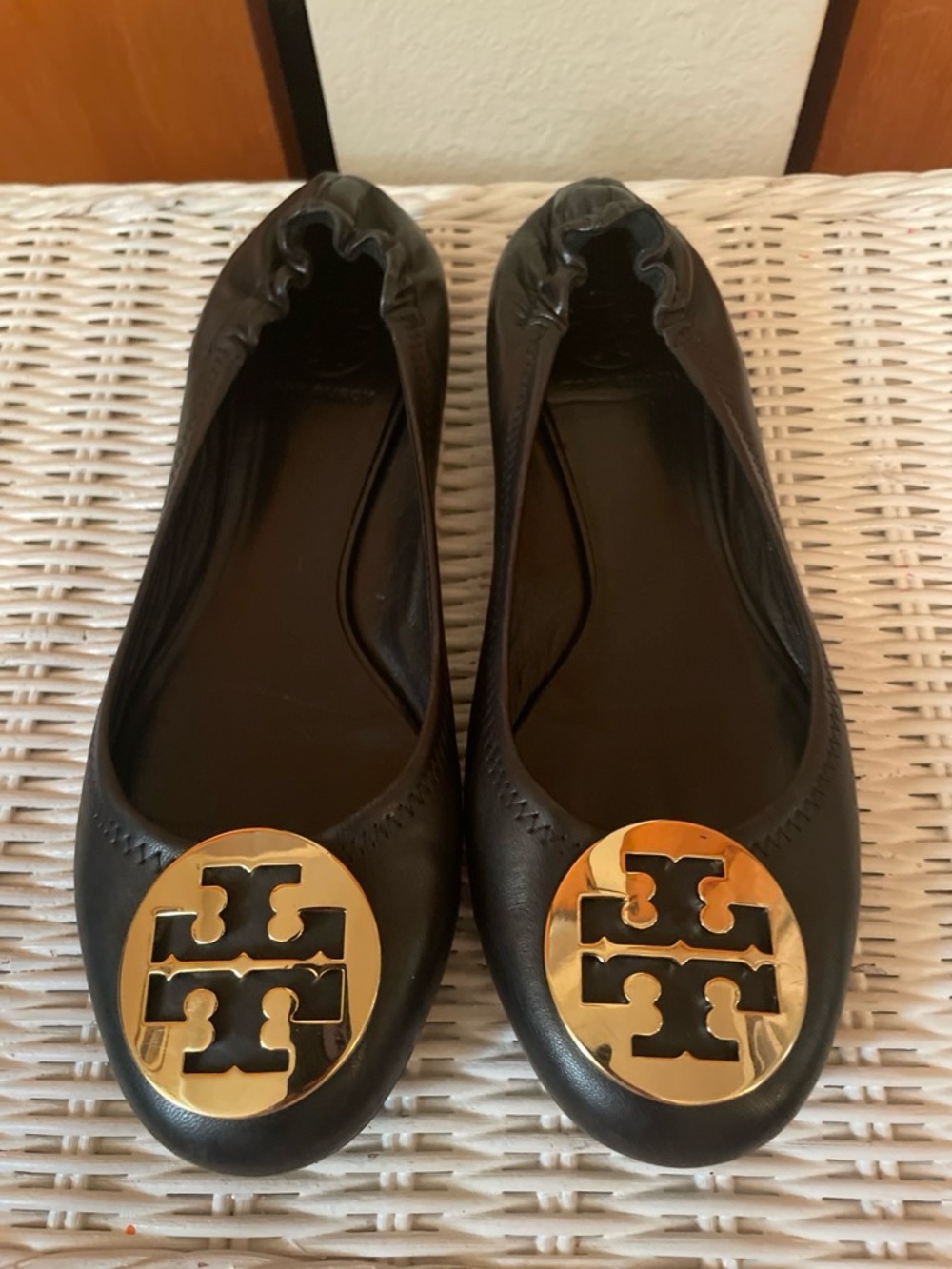 Tory Burch Black Leather Flats with Gold Logo Medallion